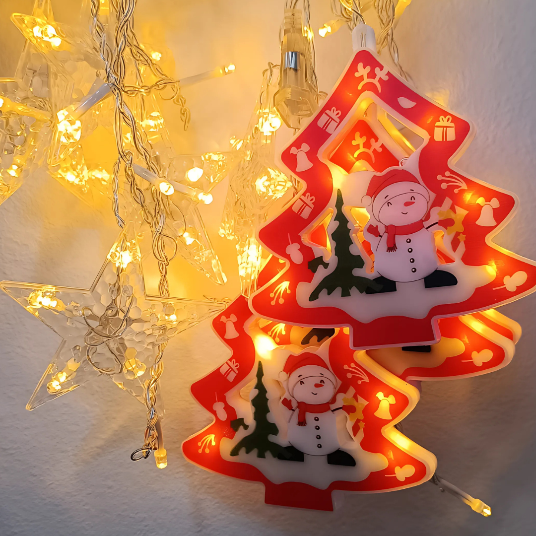 Cascada Led Pino Rojo y Estrellas Blanco