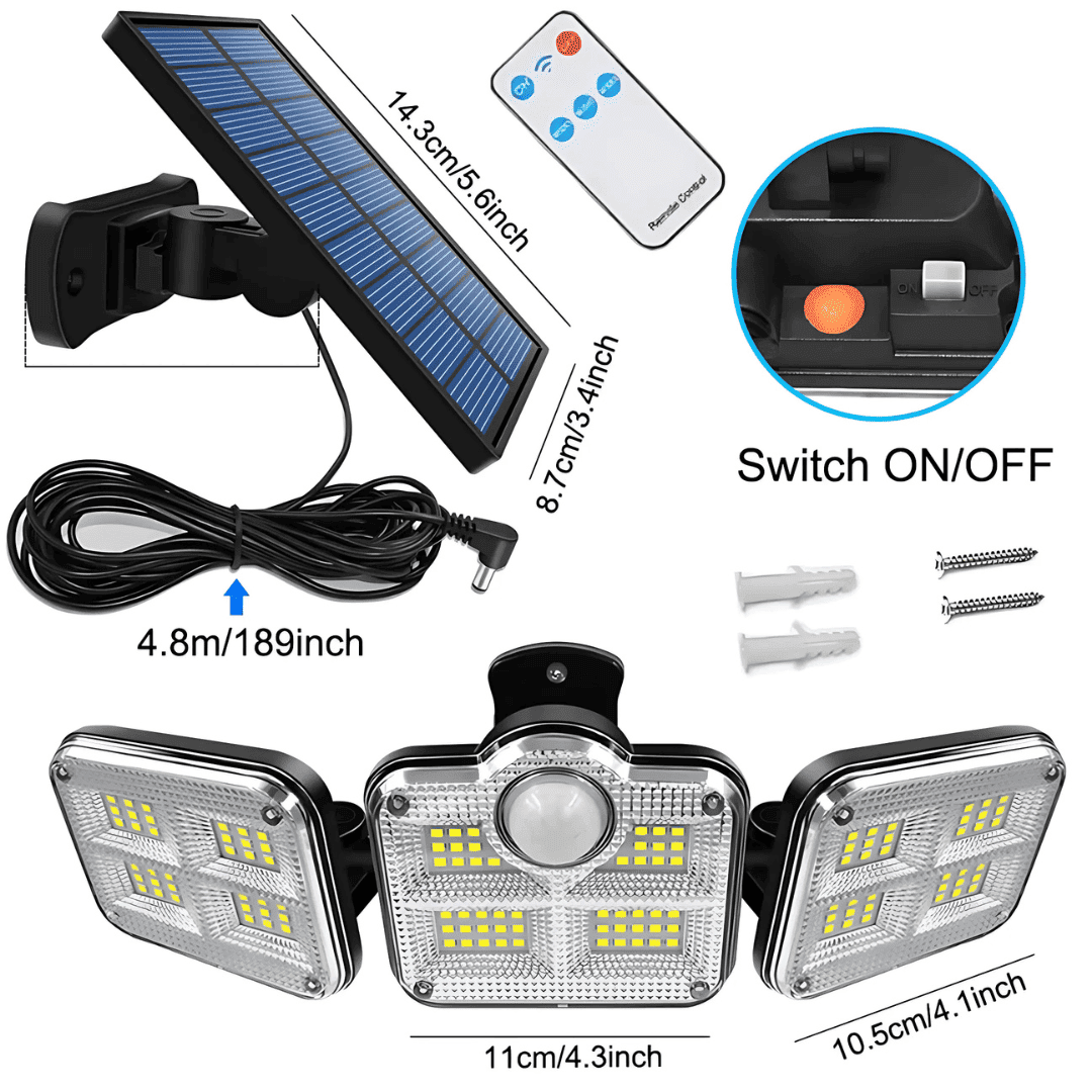 Foco Solar Triple 122 Led con Control Remoto y Sensor de Movimiento